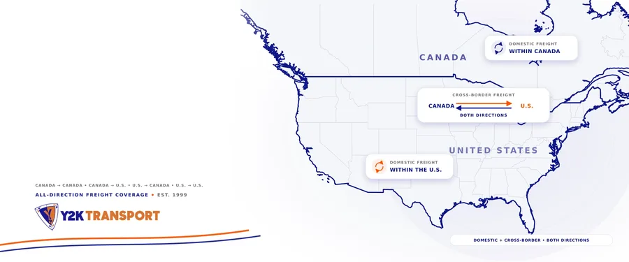 Map showing Y2K freight coverage across Canada and the United States